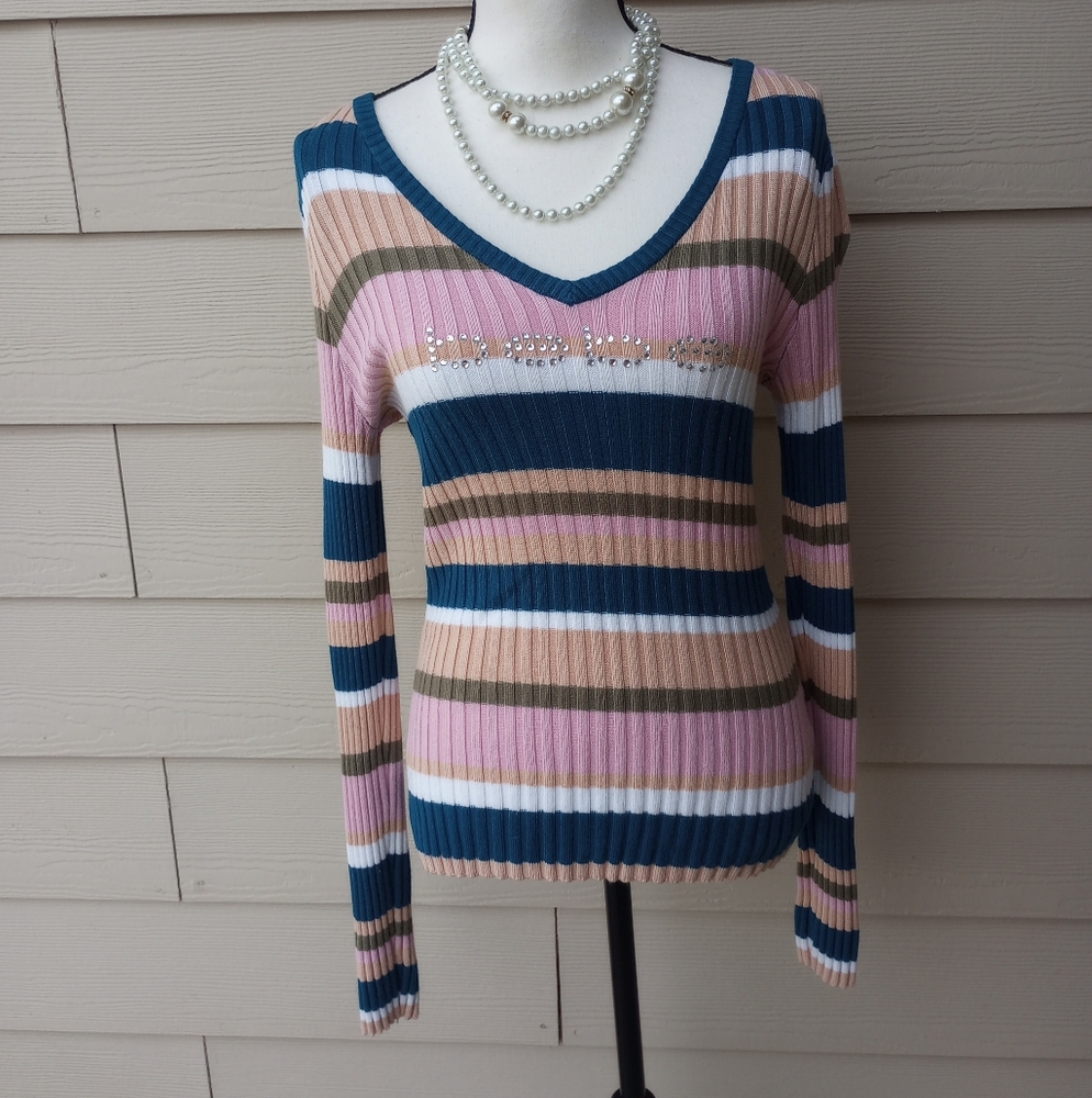 Bebe Pink Nectar Stripe Y2K Long Sleeve Top
